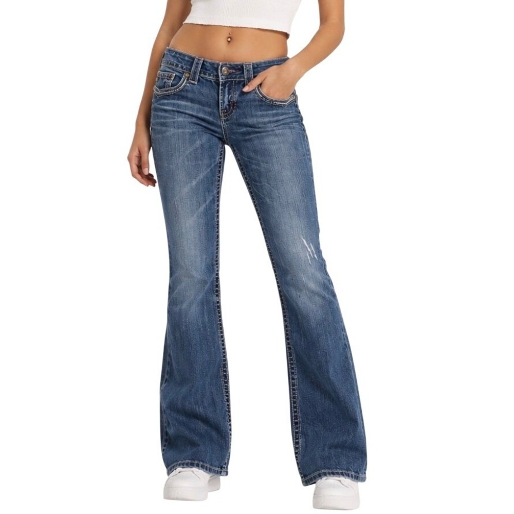 MEK Denim Women Blue Dublin Bootcut 28 Embroidered‎ Flap Pocket Low Rise Jeans